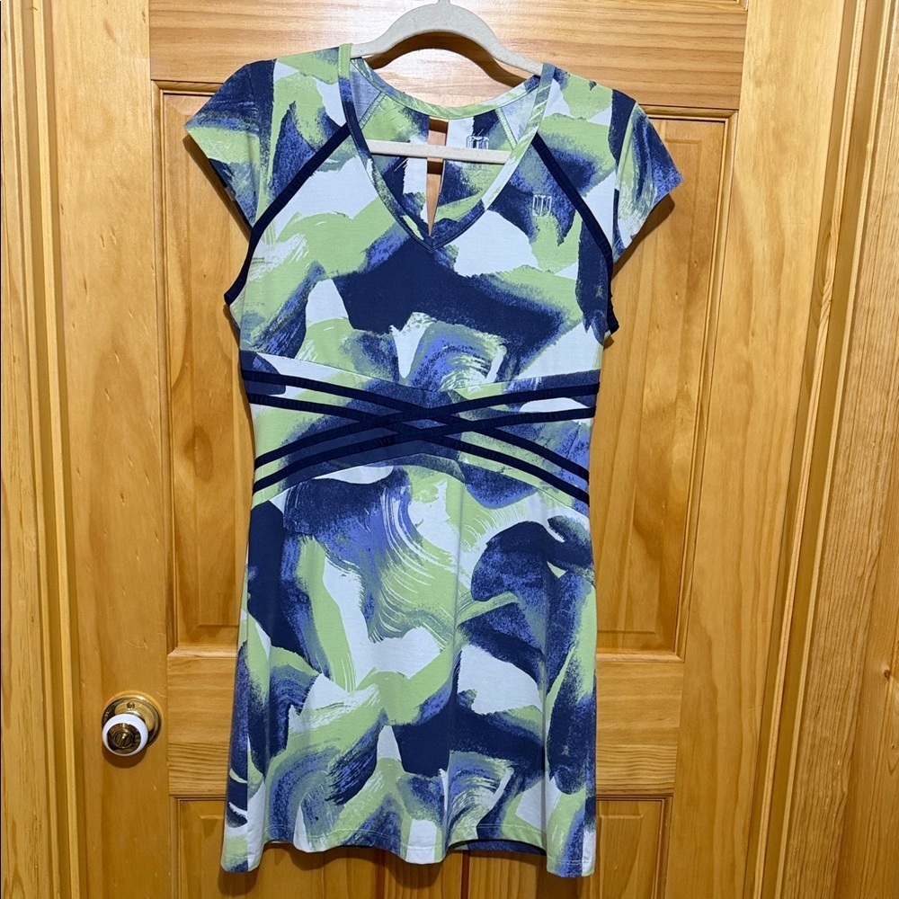 EleVen by Venus Williams Blue Green Abstract Fit-and-Flare Medium Tennis Dress